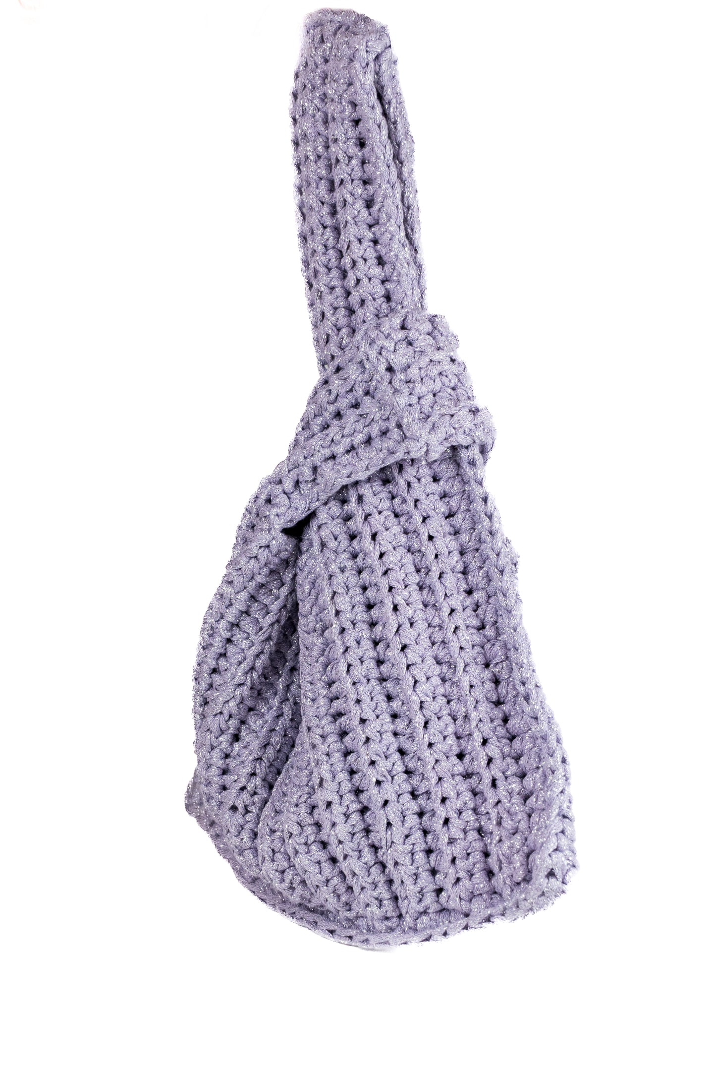 Borsa realizzata all'uncinetto con fettuccia in lurex. Nodo giapponese.
