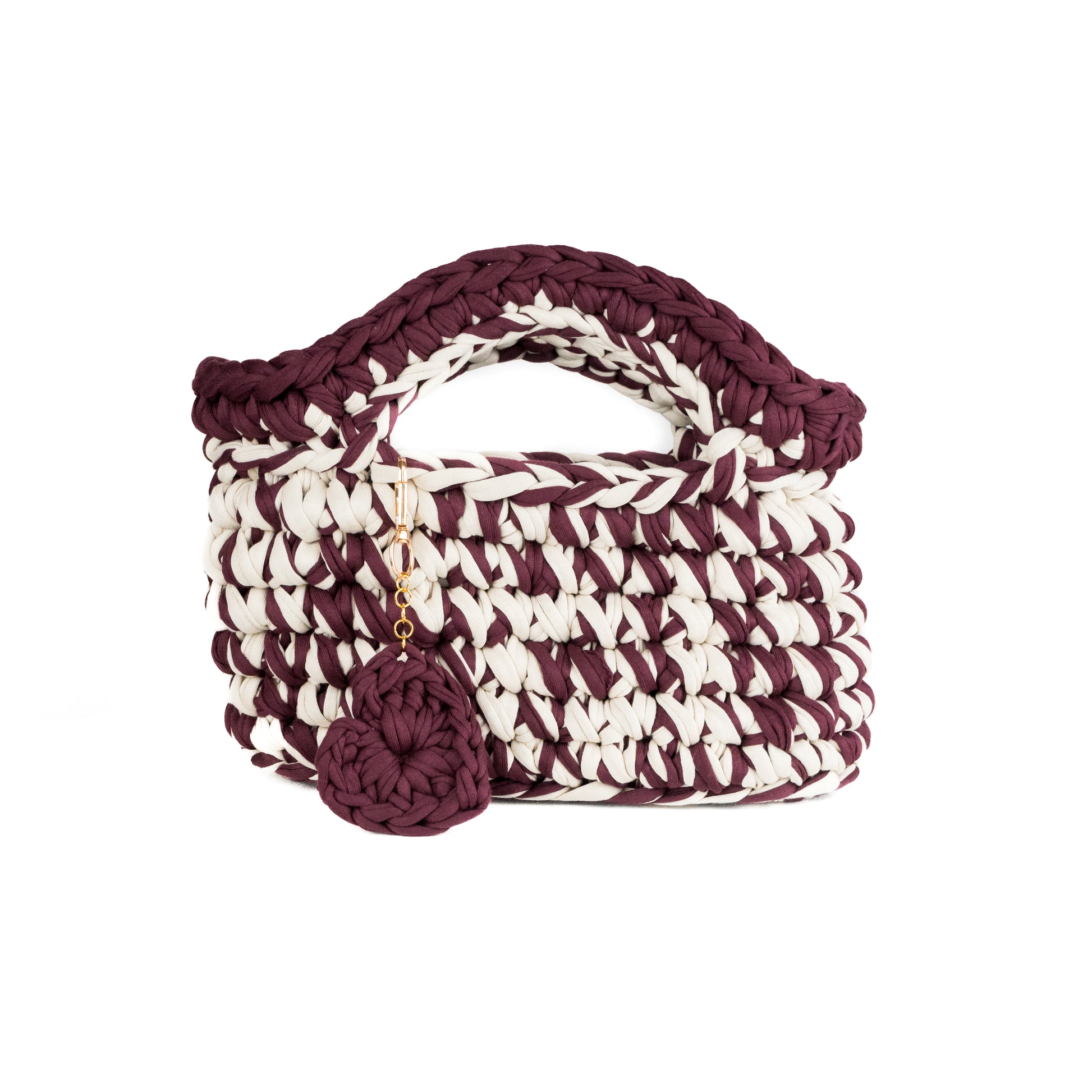 Minibag realizzata a mano all'uncinetto con fettuccia in cotone, bicolor