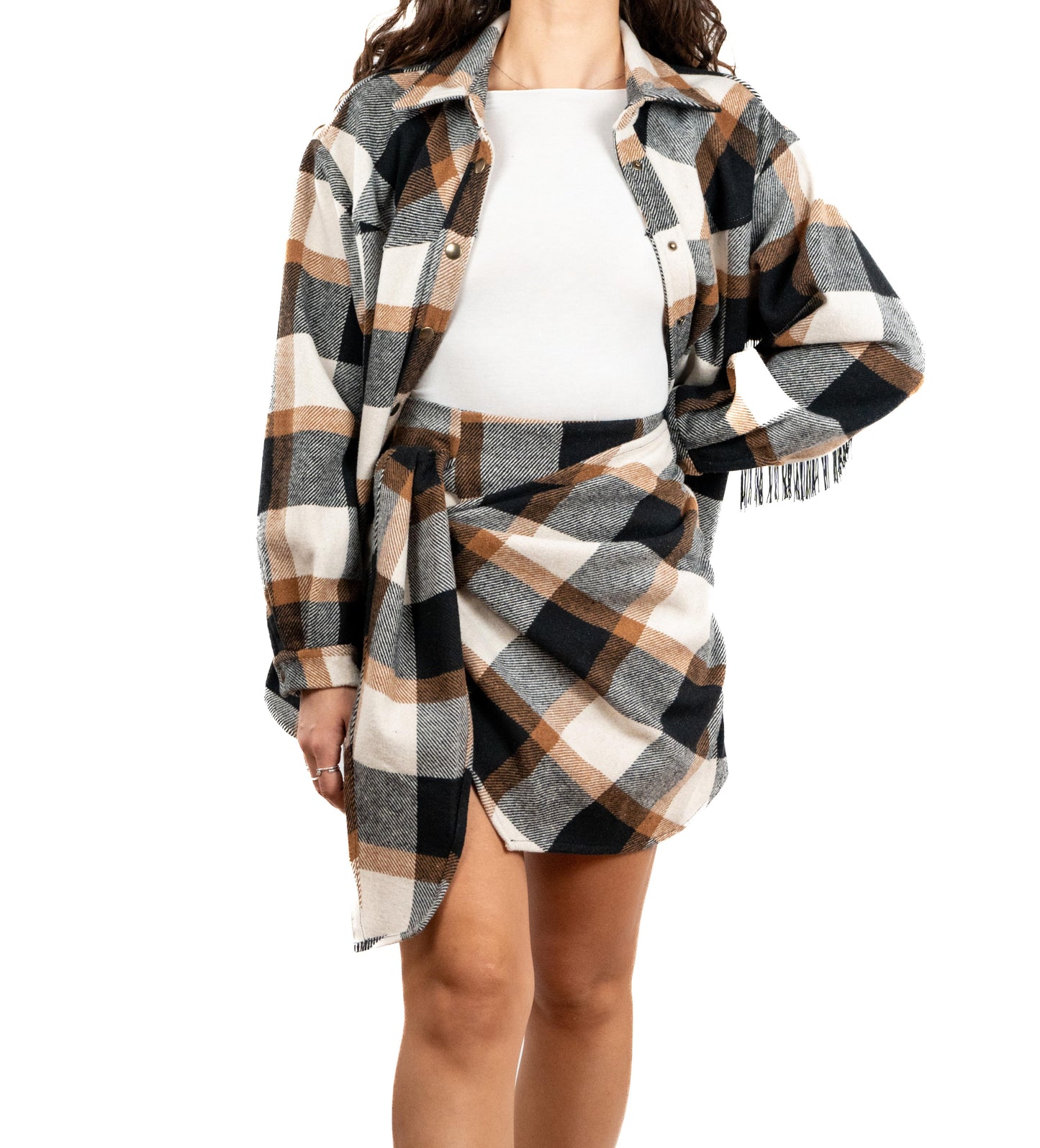 Camicia over in fantasia check con frange sulle maniche