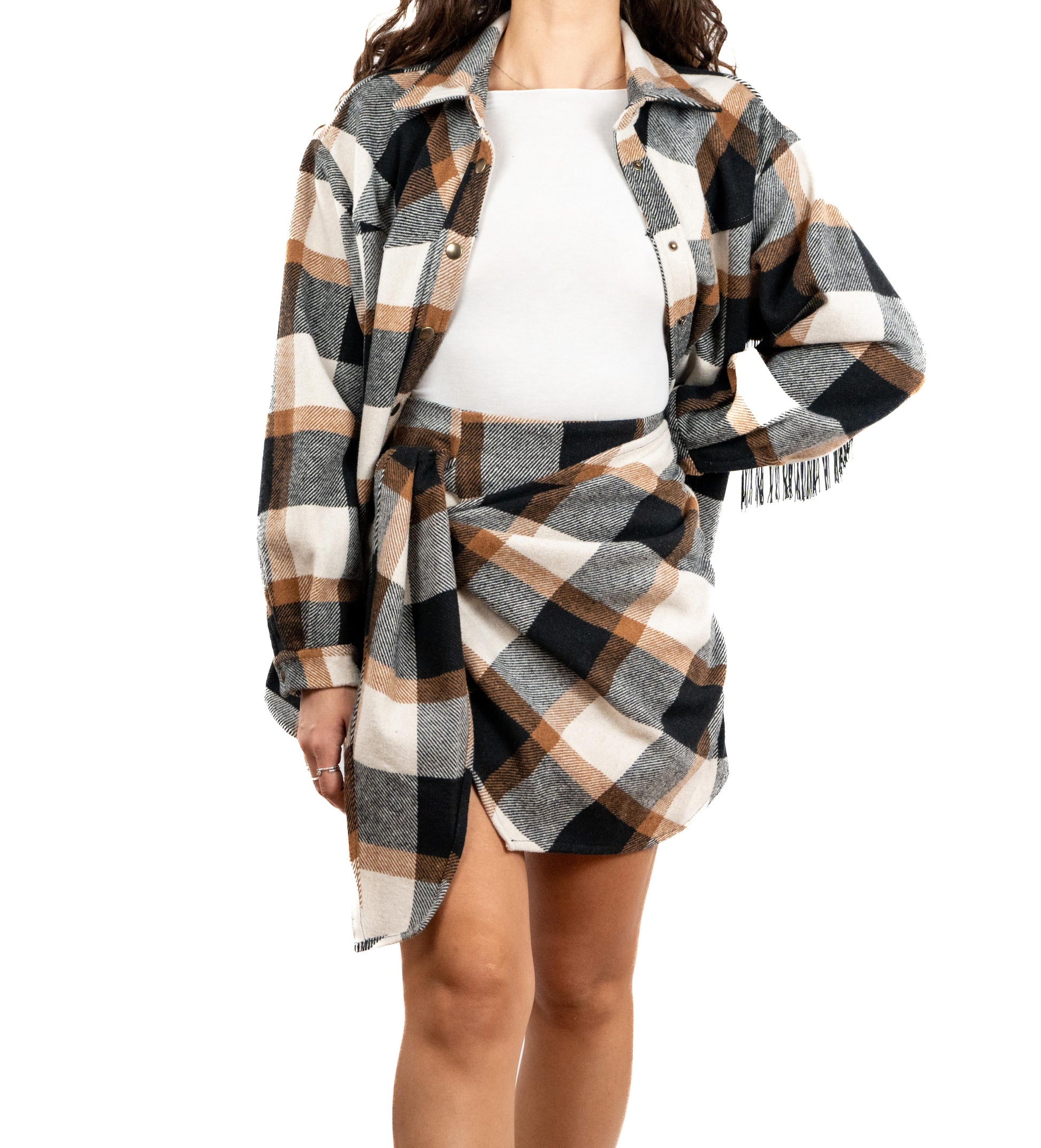 Camicia over in fantasia check con frange sulle maniche