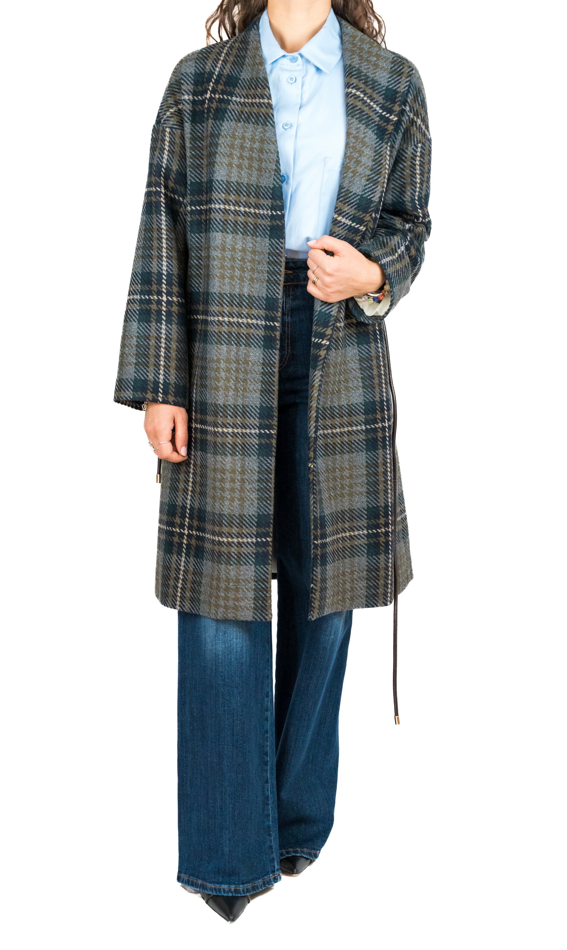 Cappotto in misto lana a quadri con revers asimmetrici e fodera in contrasto