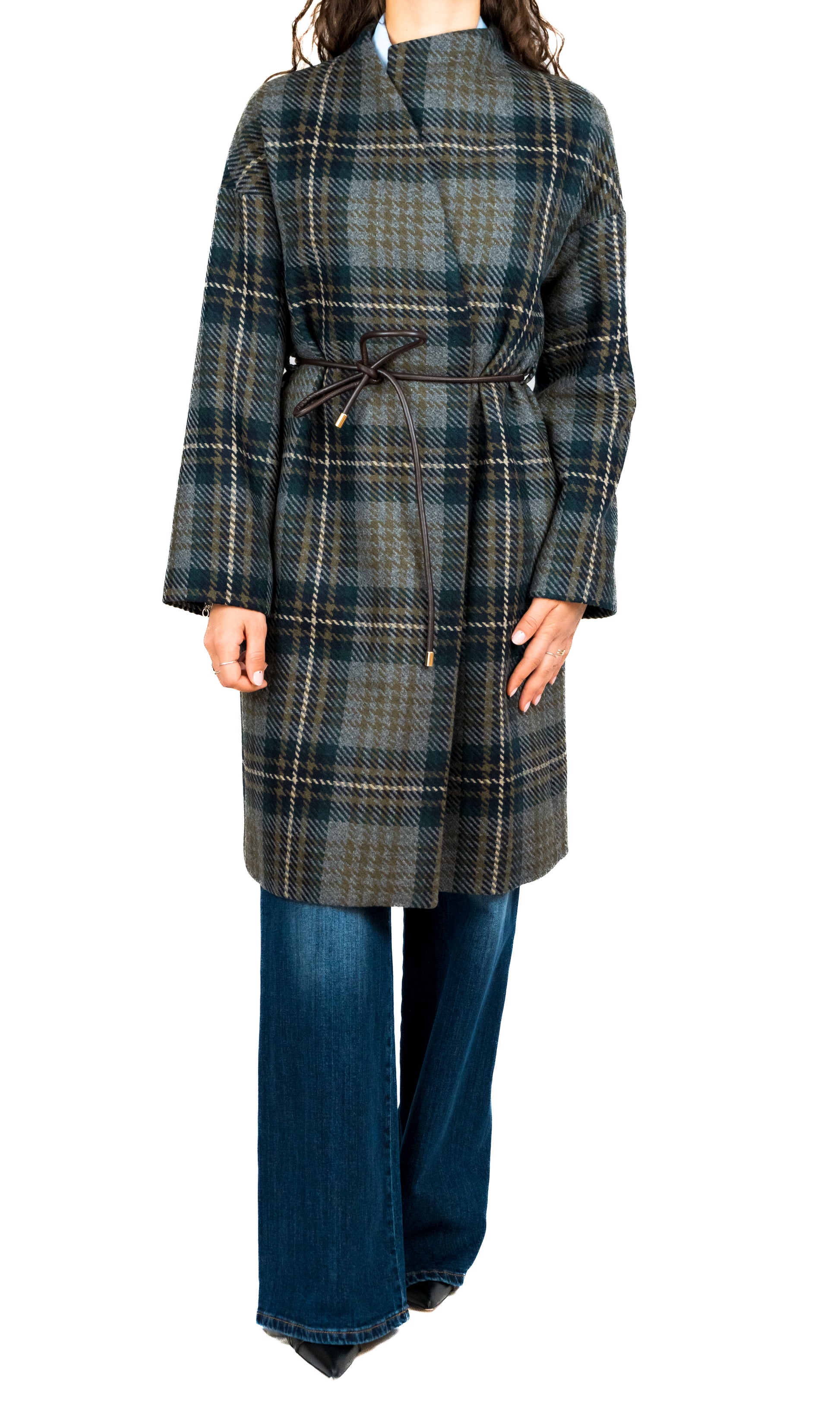 Cappotto in misto lana a quadri con revers asimmetrici e fodera in contrasto..