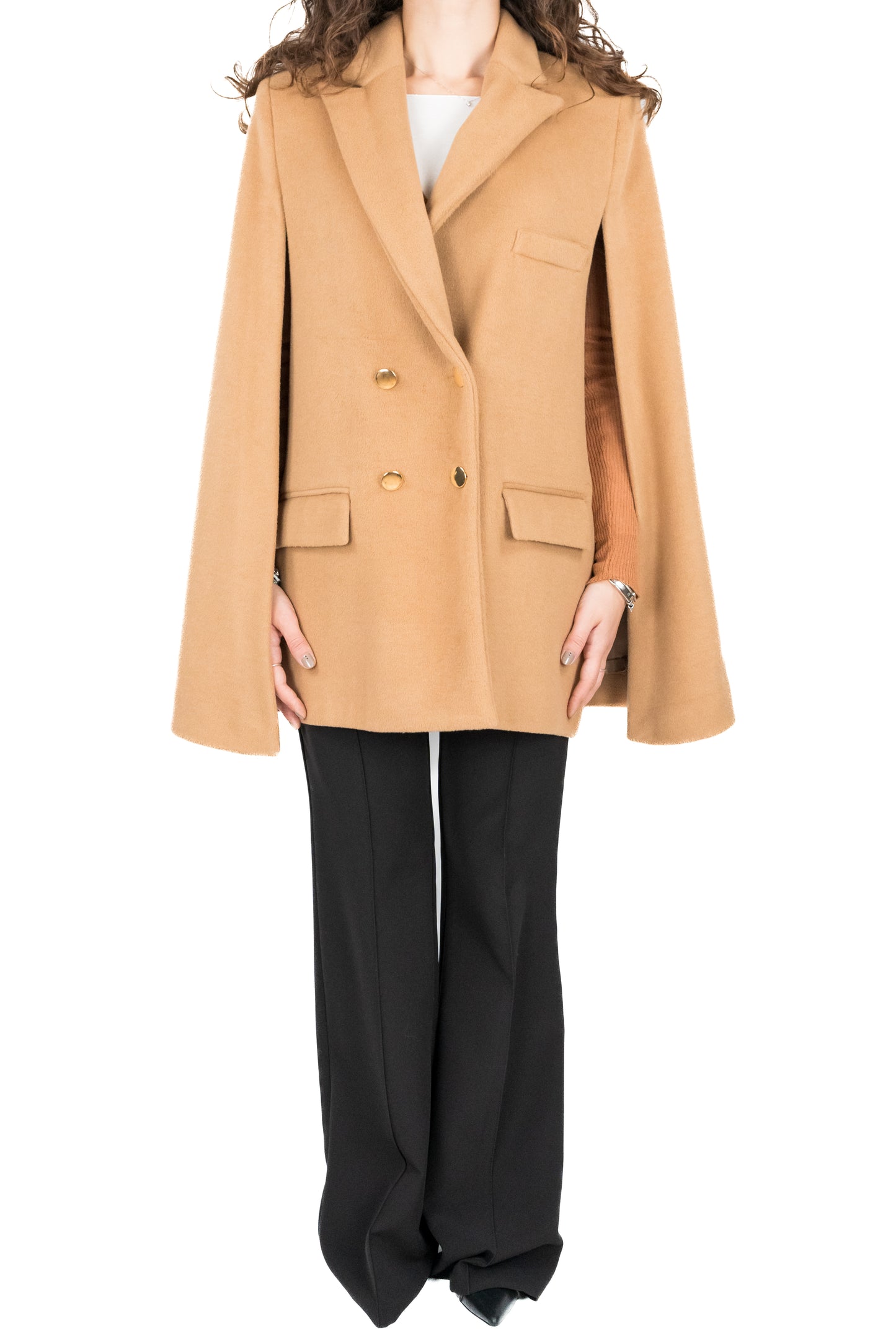 Cappotto a mantella doppiopetto cammello