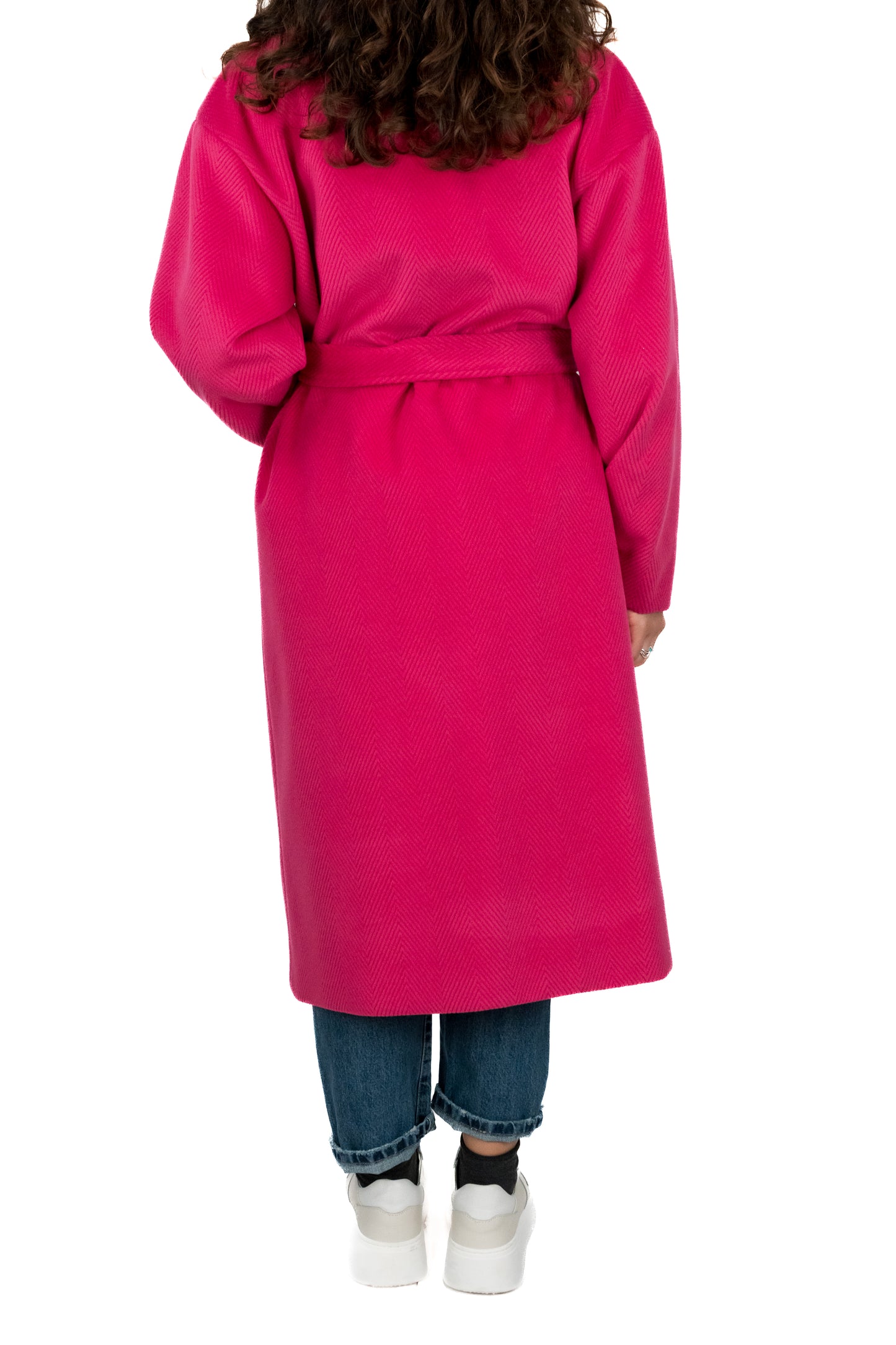 Cappotto lungo over con cinta fucsia