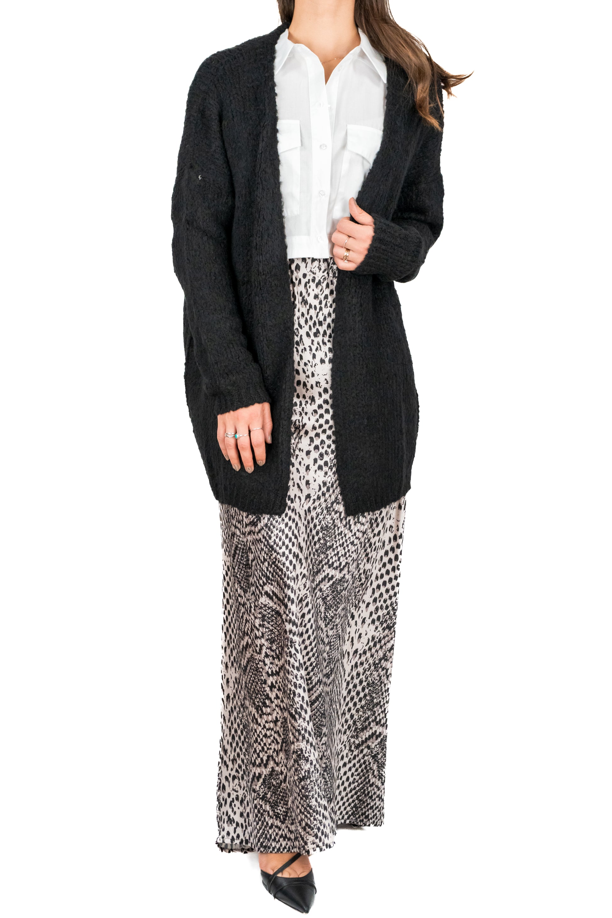 Cardigan lungo nero misto lana.