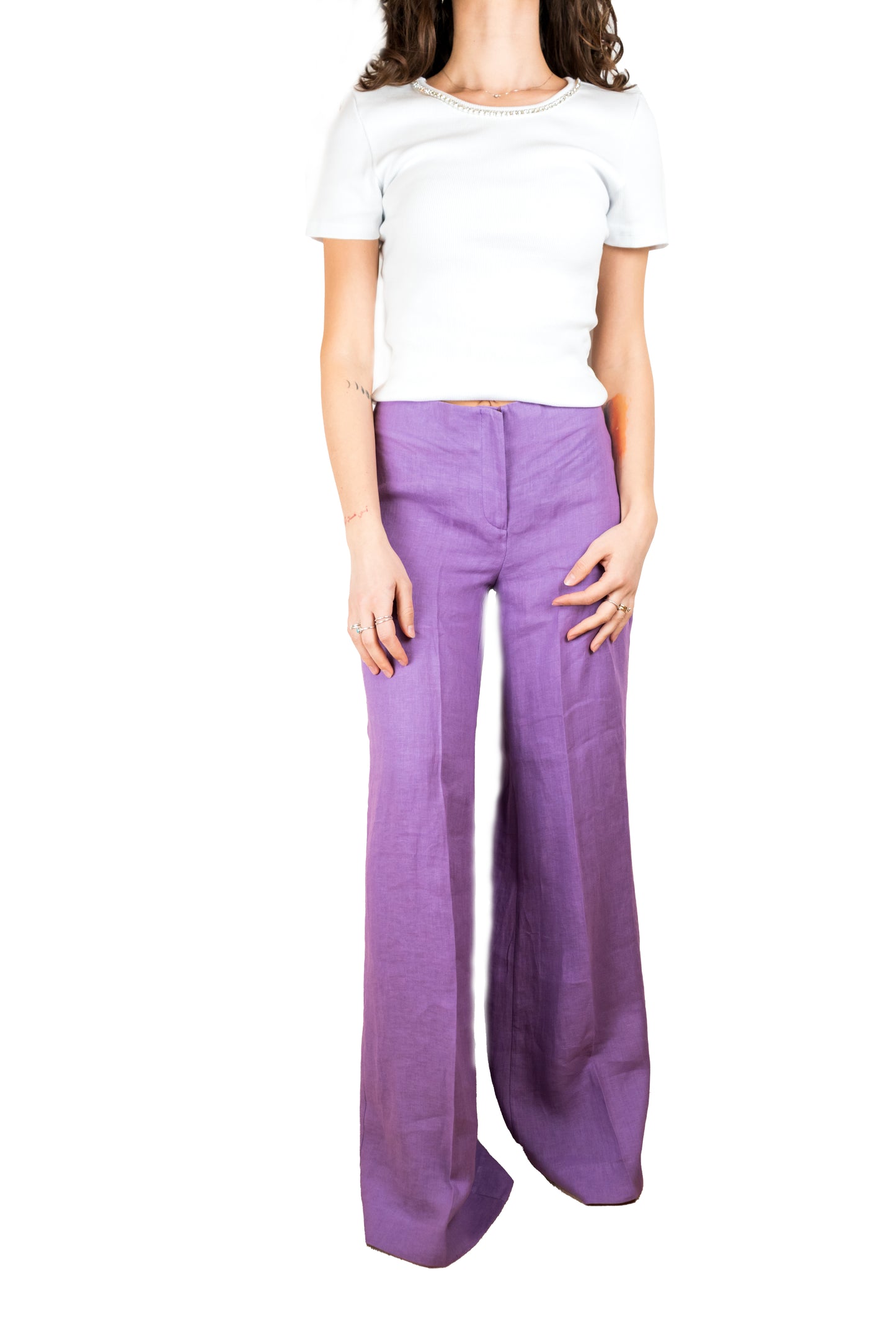 Pantalone a zampa in lino senza bottoni solo con zip