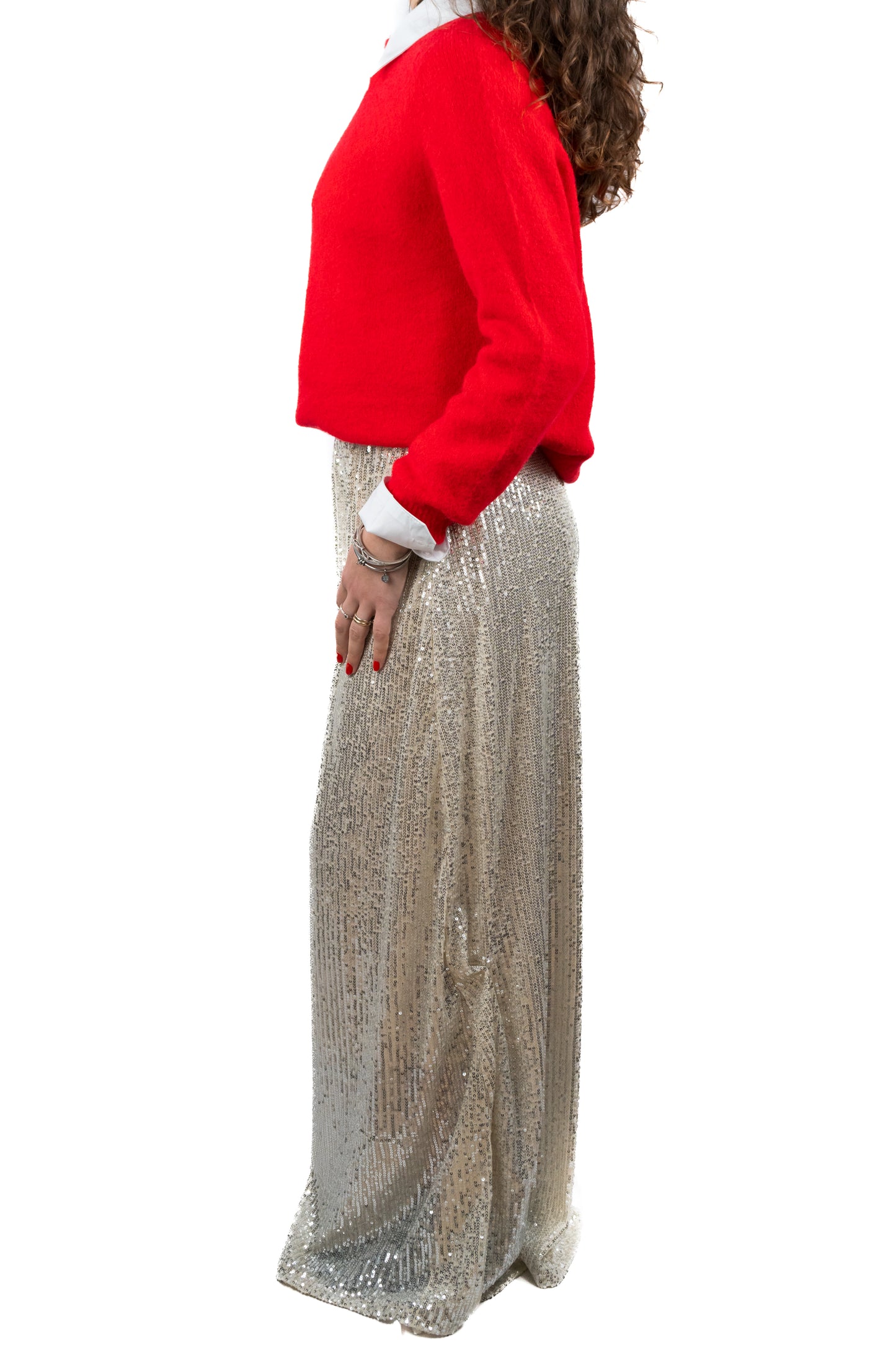 Pantalone ampio in paillettes avorio con elastico in vita. Outfit feste