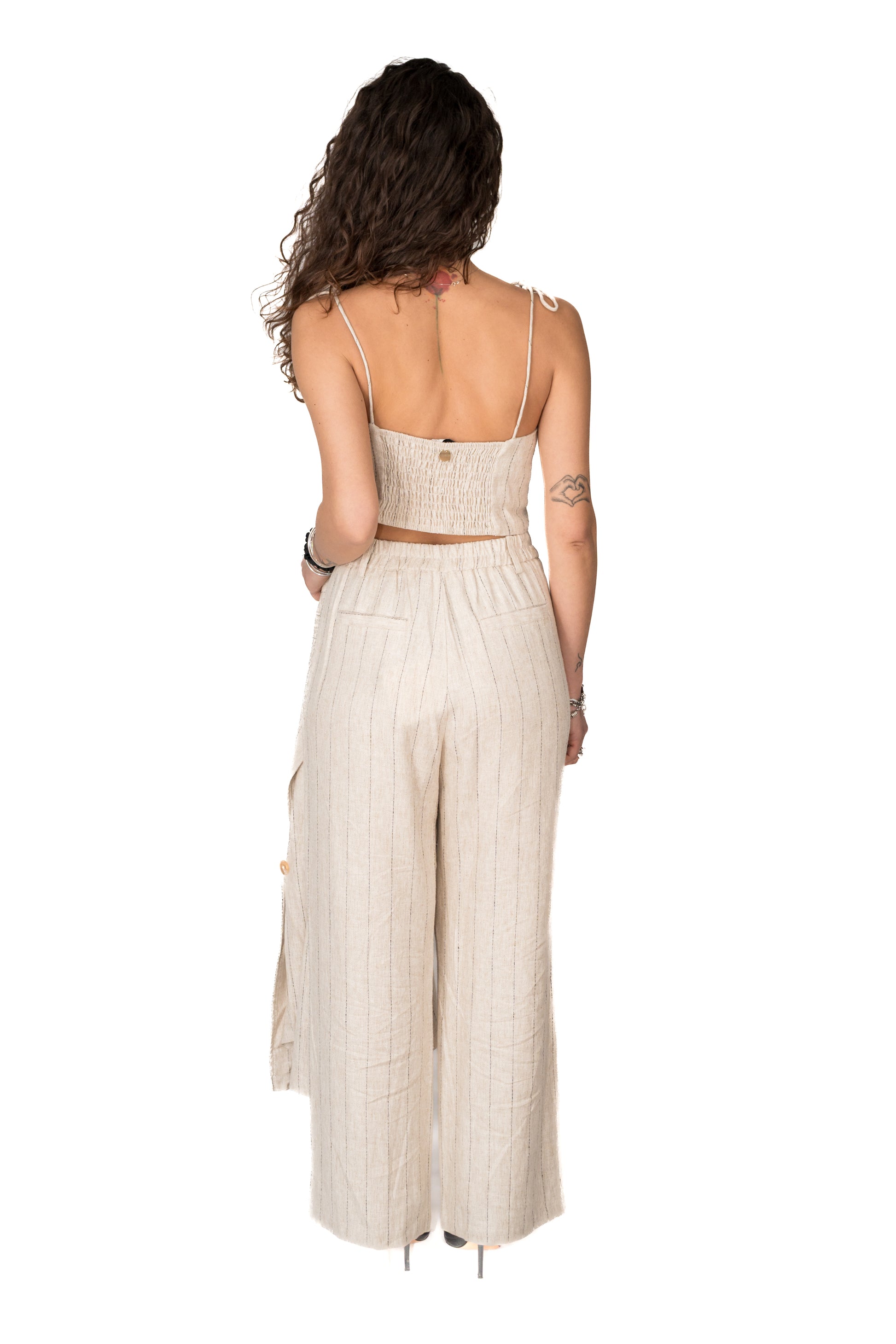 Pantalone a gamba dritta in lino con giacca. Tailleur in lino 3 pezzi