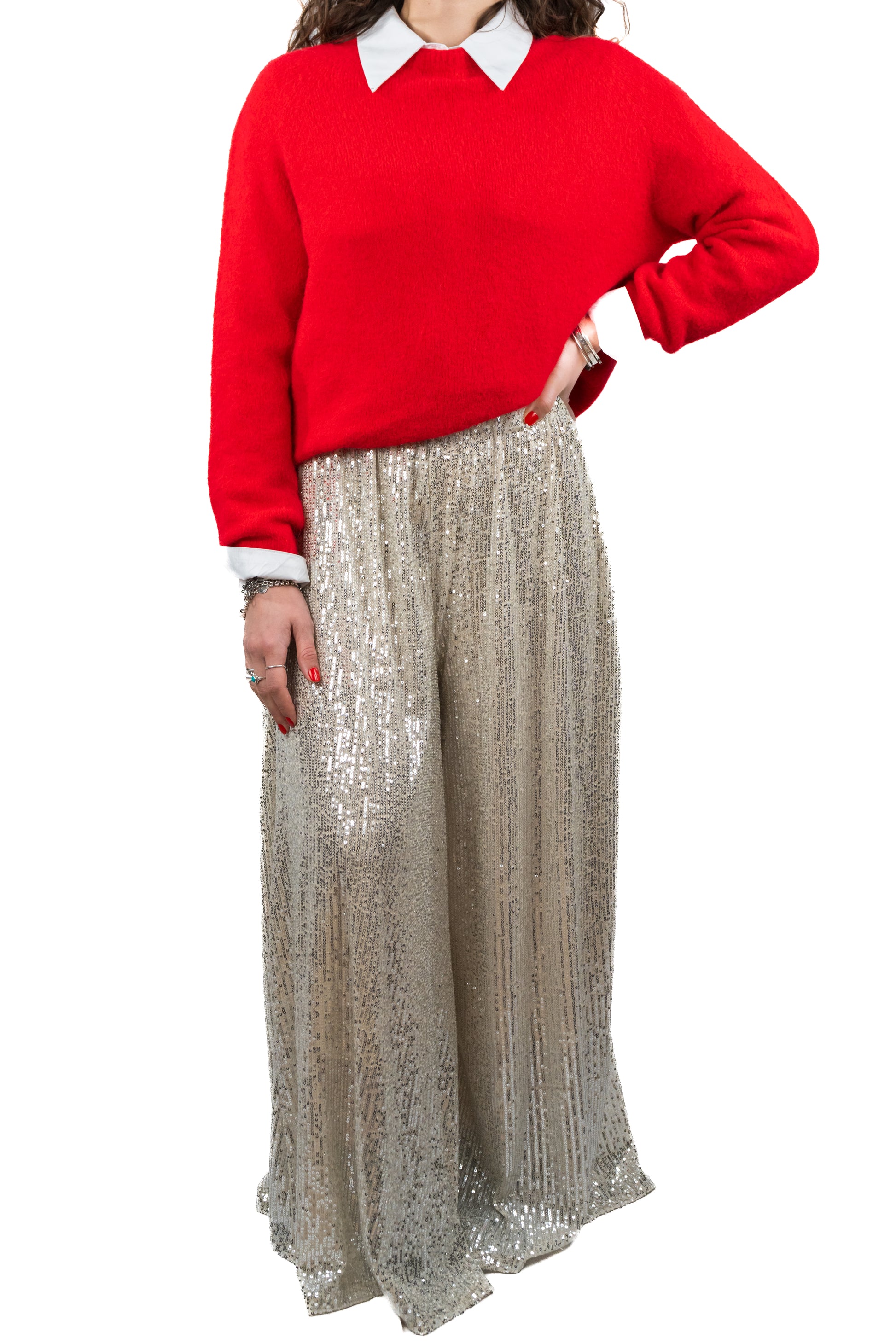Pantalone in paillettes avorio. Outfit capodanno 