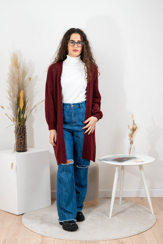 cardigan bordeaux misto lana con tasche