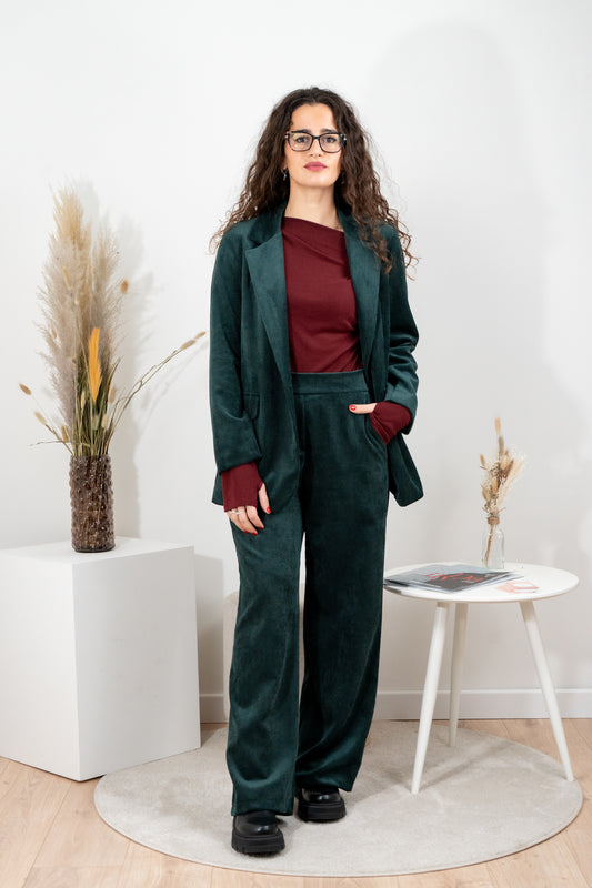 Pantalone e blazer in velluto a costine verde bosco